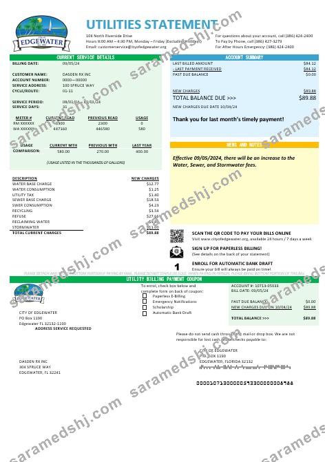 USA Florida City of Edgewater business utility bill template in Word and PDF formats